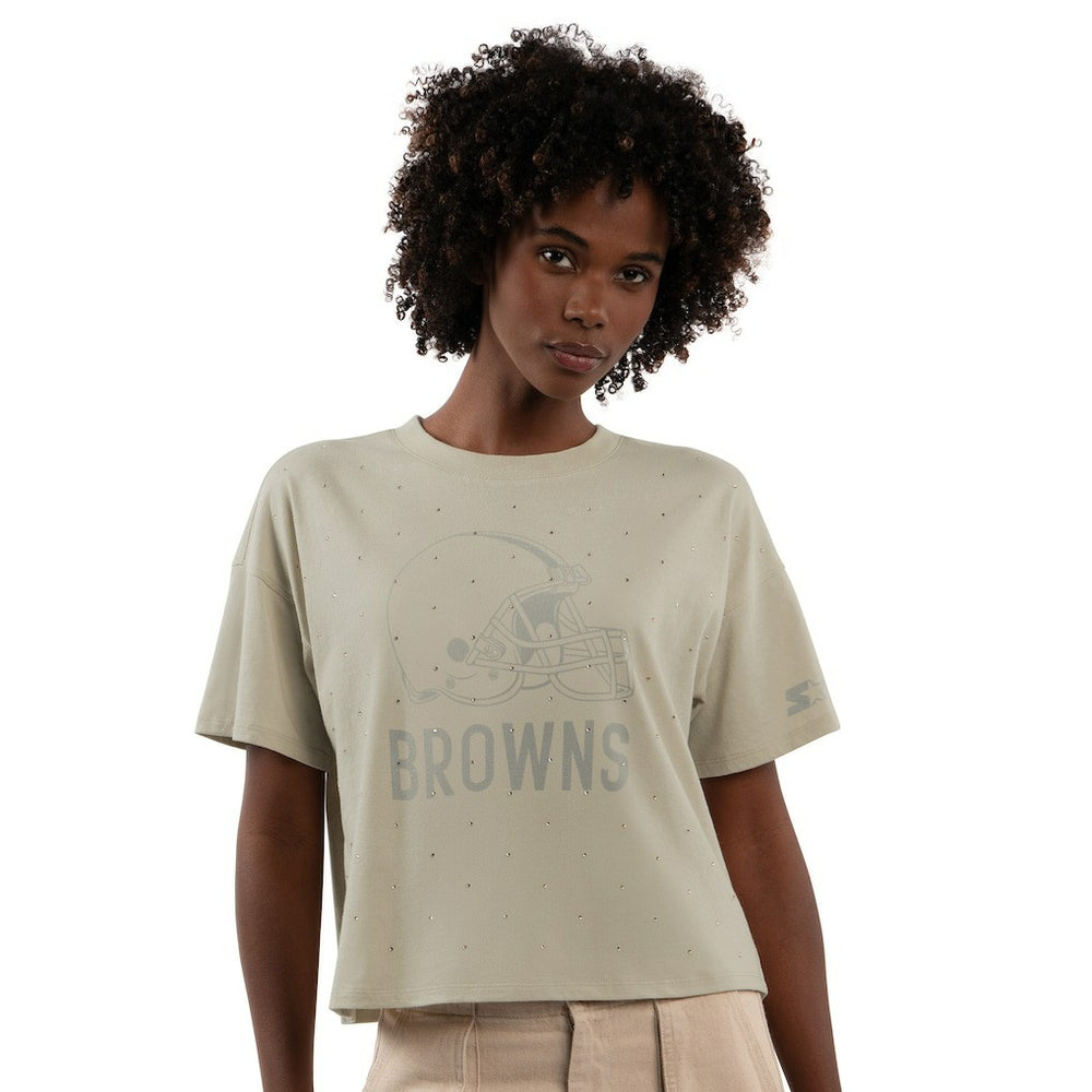 Cleveland Browns Starter Women's Rhinestone Sprinkle Boxy Cropped T-Shirt - Khaki outlet