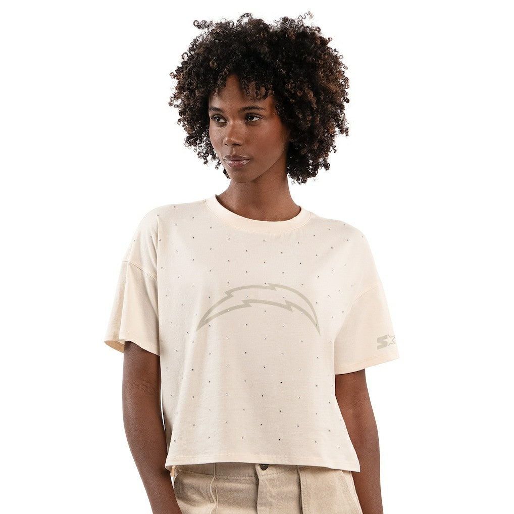 Los Angeles Chargers Starter Women's Rhinestone Sprinkle Boxy Cropped T-Shirt - Cream sale