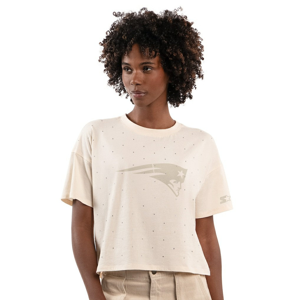 New England Patriots Starter Women's Rhinestone Sprinkle Boxy Cropped T-Shirt - Cream outlet
