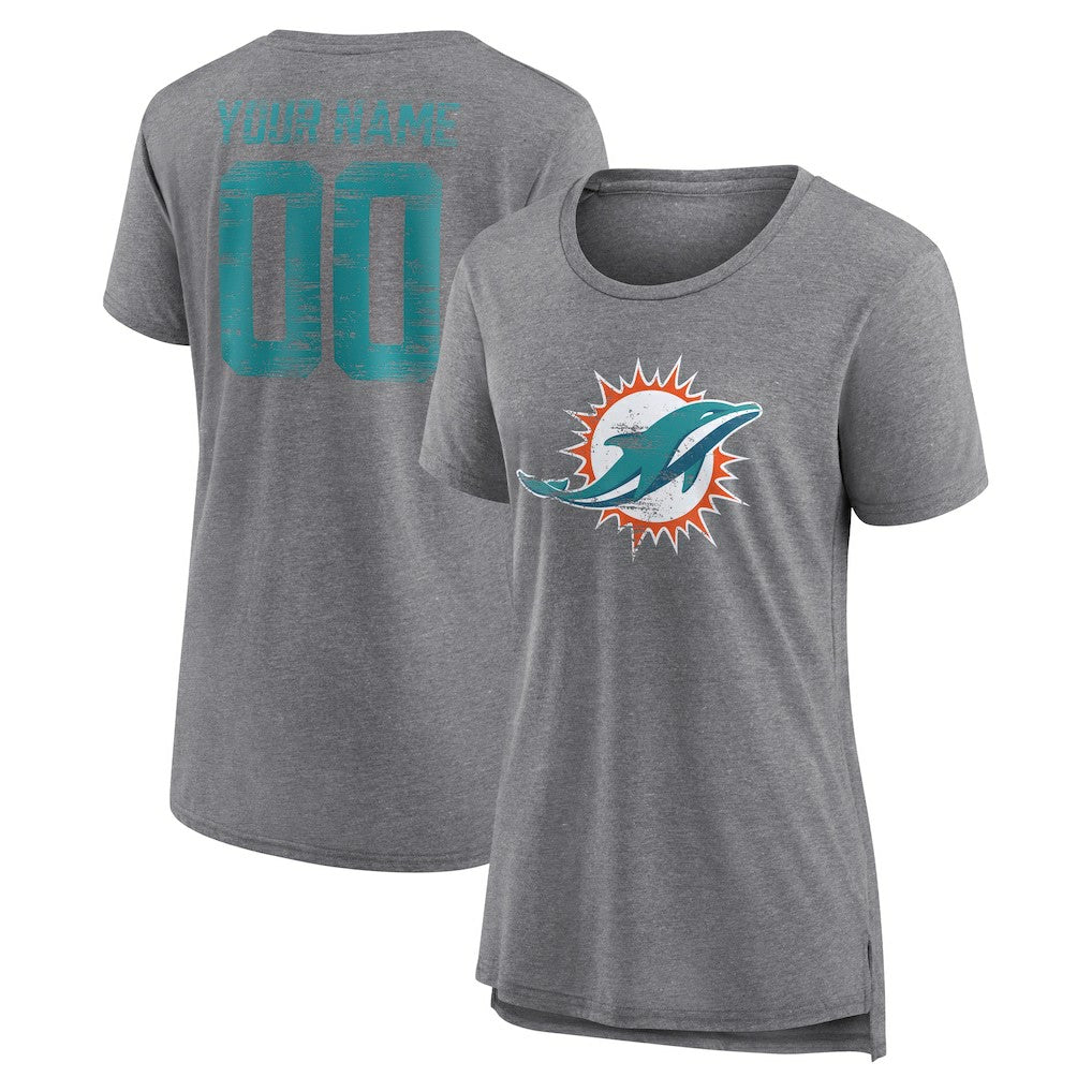 Miami Dolphins Women's Heritage Custom Name & Number Tri-Blend T-Shirt - Gray for sale