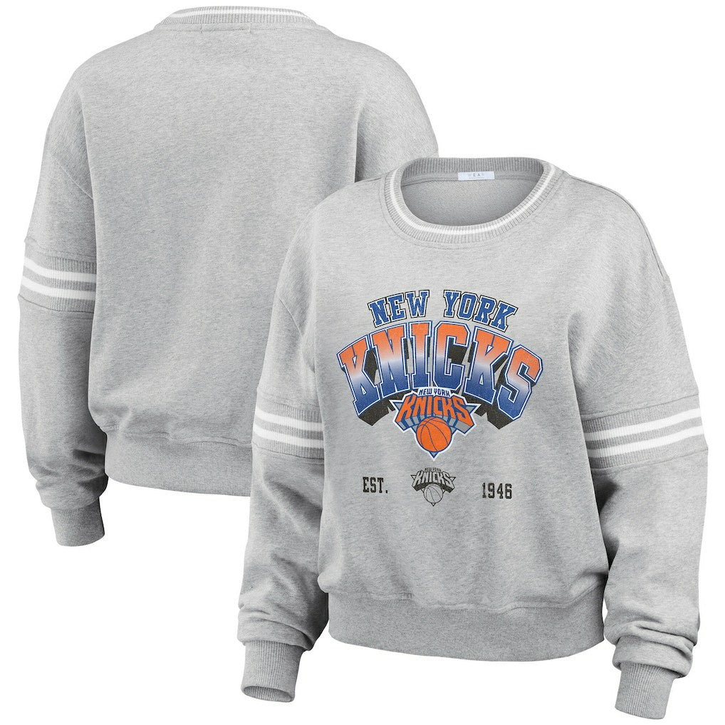 New York Knicks WEAR by Erin Andrews Women's Sleeve Stripe Fleece Crewneck Sweatshirt - Gray discount