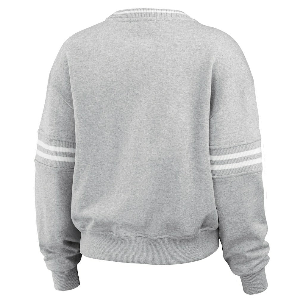 New York Knicks WEAR by Erin Andrews Women's Sleeve Stripe Fleece Crewneck Sweatshirt - Gray discount
