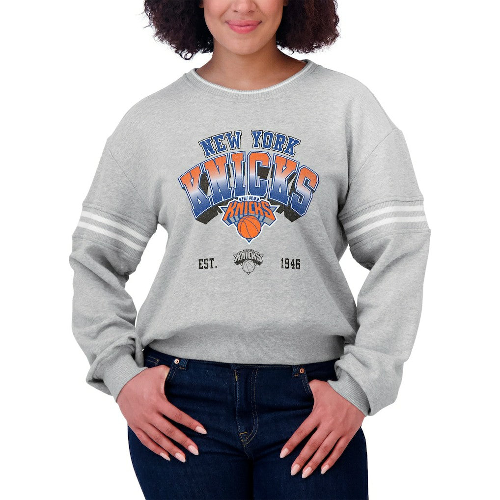 New York Knicks WEAR by Erin Andrews Women's Sleeve Stripe Fleece Crewneck Sweatshirt - Gray discount