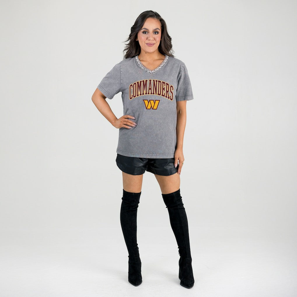 Washington Commanders Gameday Couture Women's Relaxed Iconic Edge Rhinestone V-Neck T-Shirt - Gray outlet