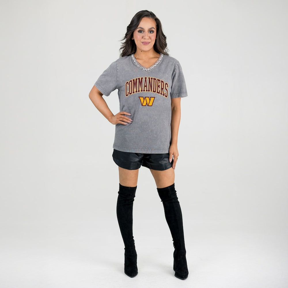Washington Commanders Gameday Couture Women's Relaxed Iconic Edge Rhinestone V-Neck T-Shirt - Gray outlet