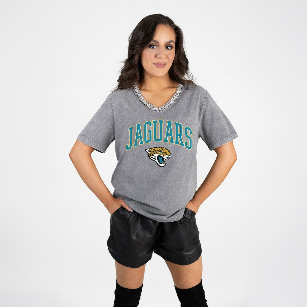 Jacksonville Jaguars Gameday Couture Women's Relaxed Iconic Edge Rhinestone V-Neck T-Shirt - Gray discount