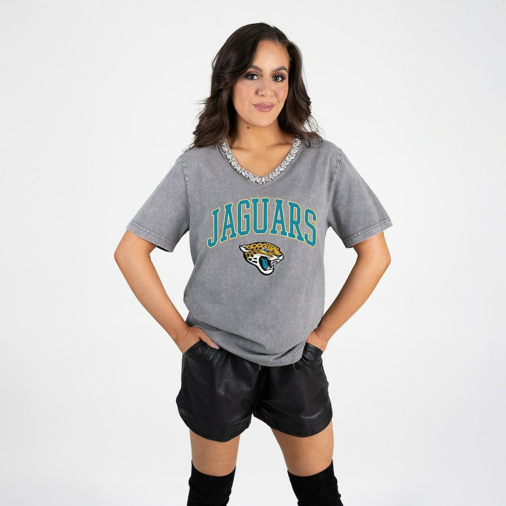 Jacksonville Jaguars Gameday Couture Women's Relaxed Iconic Edge Rhinestone V-Neck T-Shirt - Gray discount