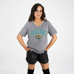 Jacksonville Jaguars Gameday Couture Women's Relaxed Iconic Edge Rhinestone V-Neck T-Shirt - Gray discount