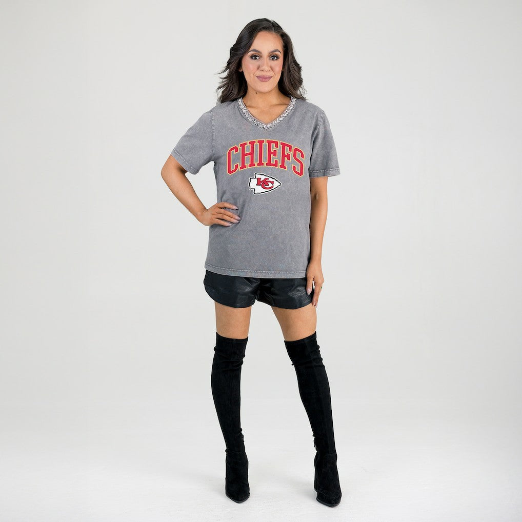 Kansas City Chiefs Gameday Couture Women's Relaxed Iconic Edge Rhinestone V-Neck T-Shirt - Gray online