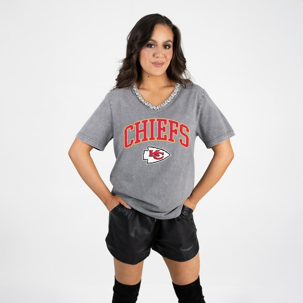 Kansas City Chiefs Gameday Couture Women's Relaxed Iconic Edge Rhinestone V-Neck T-Shirt - Gray online