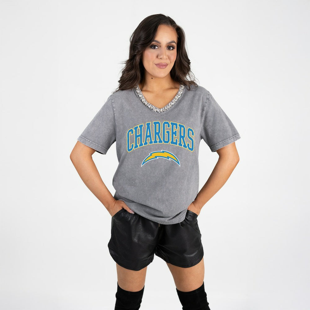Los Angeles Chargers Gameday Couture Women's Relaxed Iconic Edge Rhinestone V-Neck T-Shirt - Gray discount