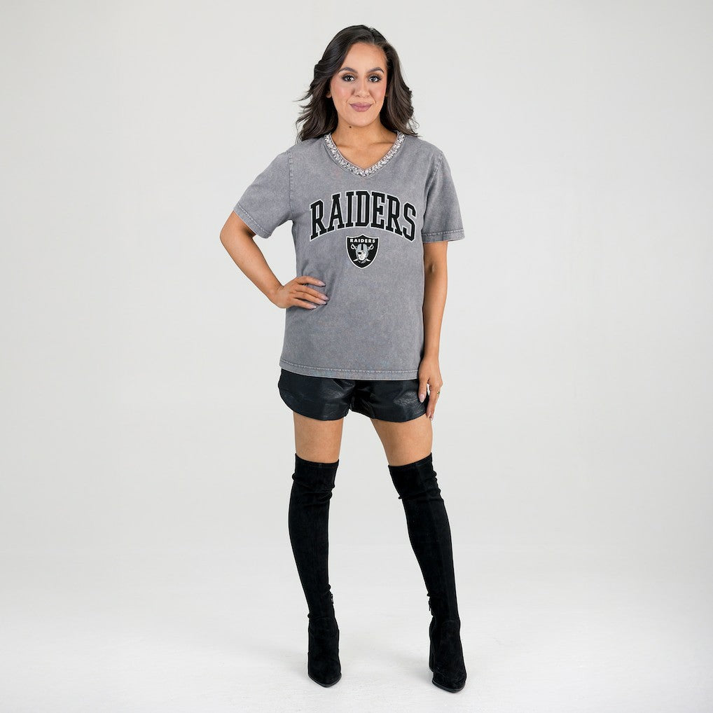 Las Vegas Raiders Gameday Couture Women's Relaxed Iconic Edge Rhinestone V-Neck T-Shirt - Gray on sale