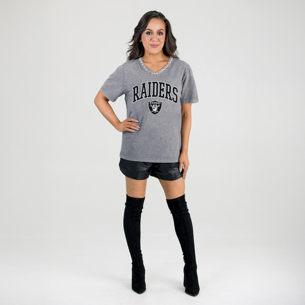 Las Vegas Raiders Gameday Couture Women's Relaxed Iconic Edge Rhinestone V-Neck T-Shirt - Gray on sale