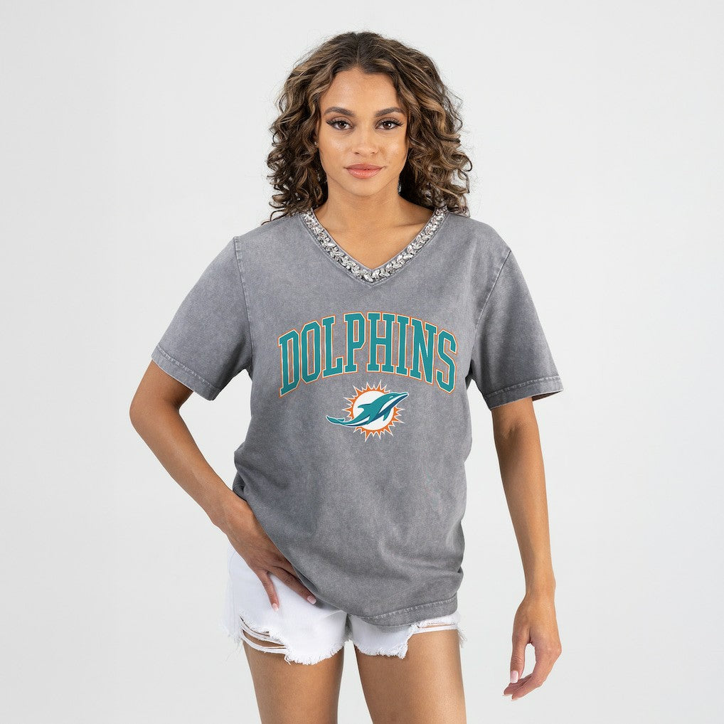Miami Dolphins Gameday Couture Women's Relaxed Iconic Edge Rhinestone V-Neck T-Shirt - Gray cheap
