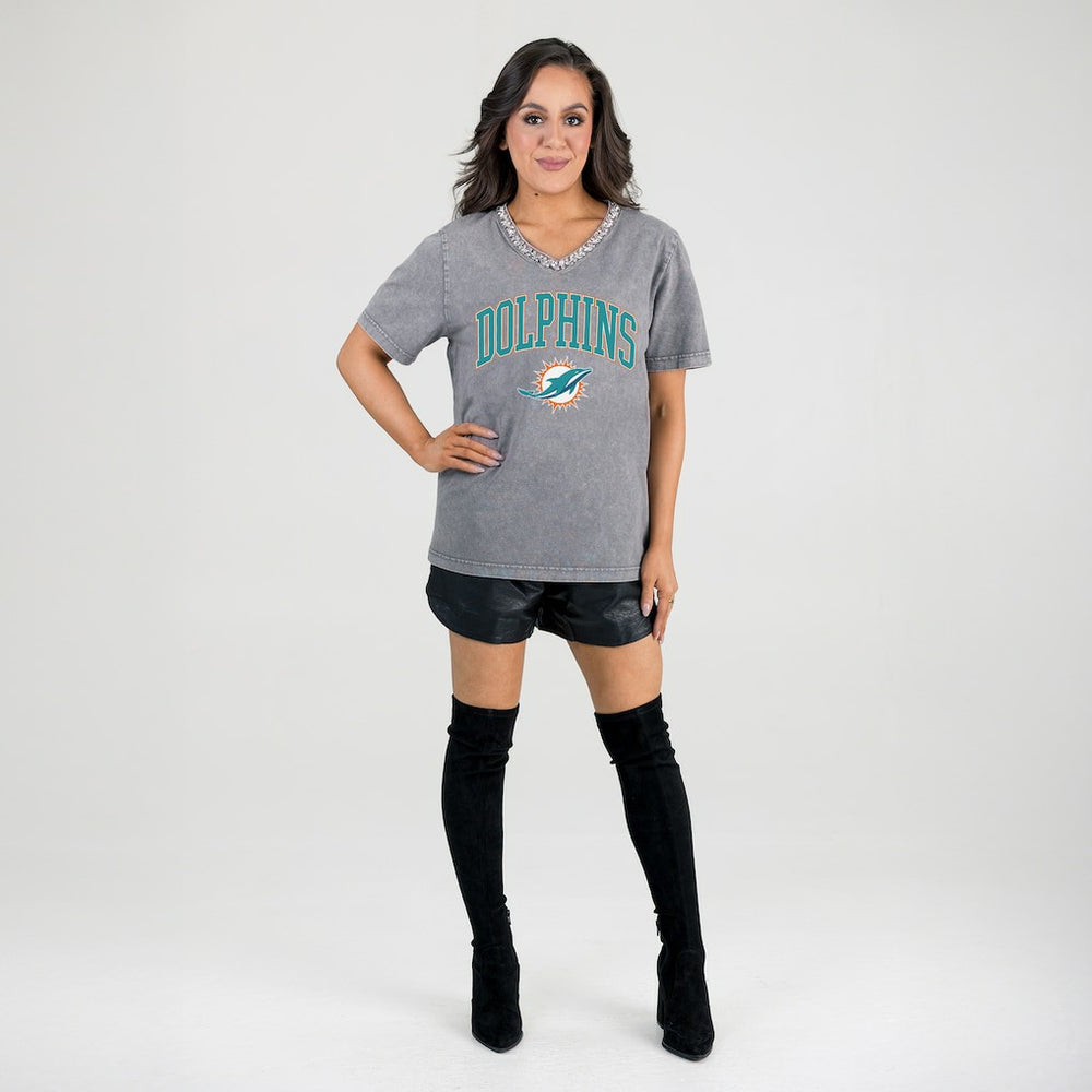 Miami Dolphins Gameday Couture Women's Relaxed Iconic Edge Rhinestone V-Neck T-Shirt - Gray cheap