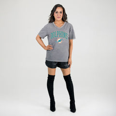 Miami Dolphins Gameday Couture Women's Relaxed Iconic Edge Rhinestone V-Neck T-Shirt - Gray cheap
