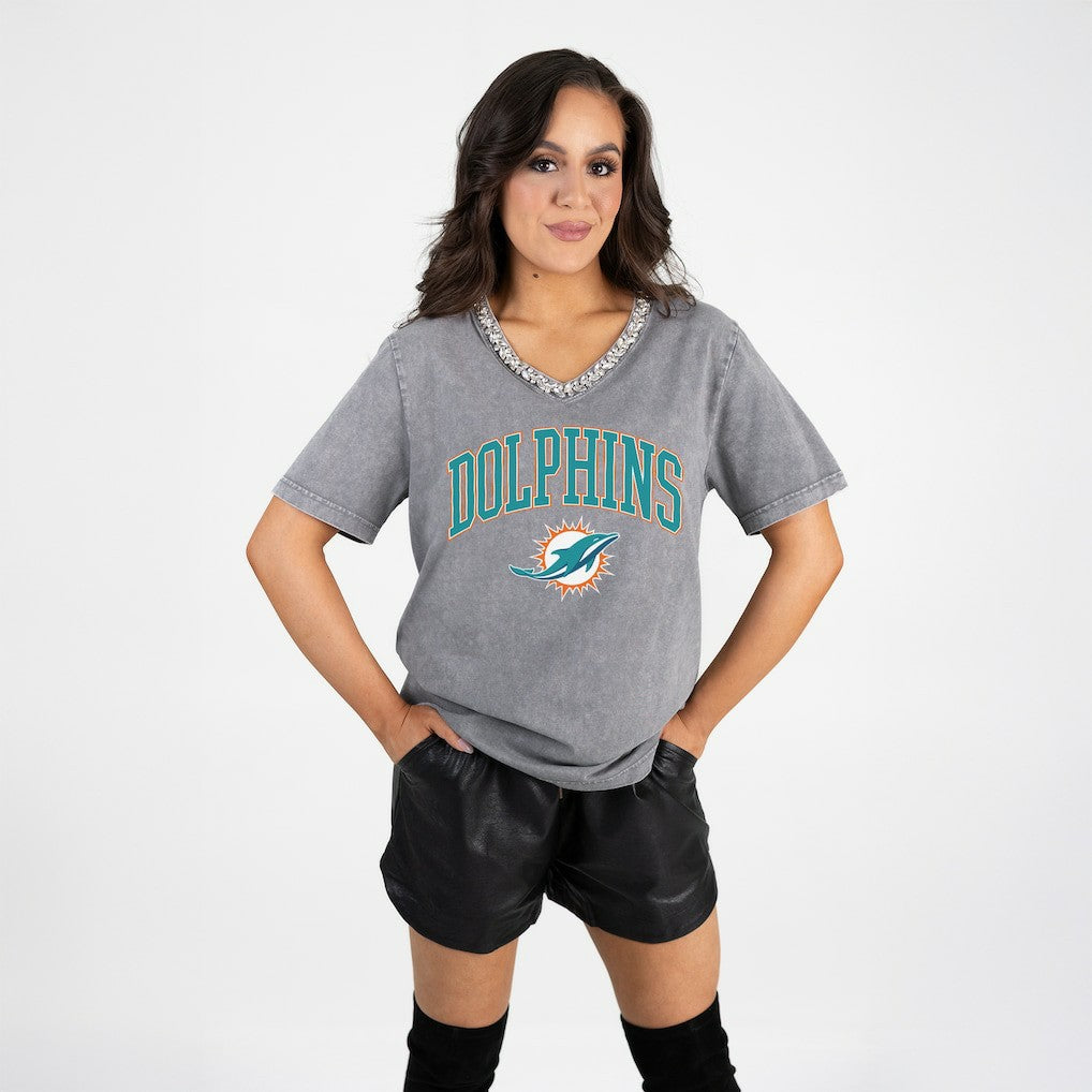 Miami Dolphins Gameday Couture Women's Relaxed Iconic Edge Rhinestone V-Neck T-Shirt - Gray cheap