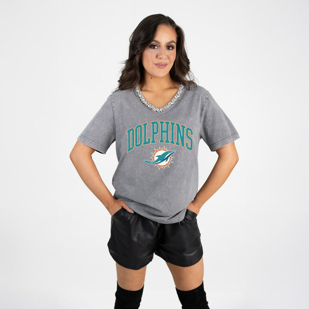 Miami Dolphins Gameday Couture Women's Relaxed Iconic Edge Rhinestone V-Neck T-Shirt - Gray cheap