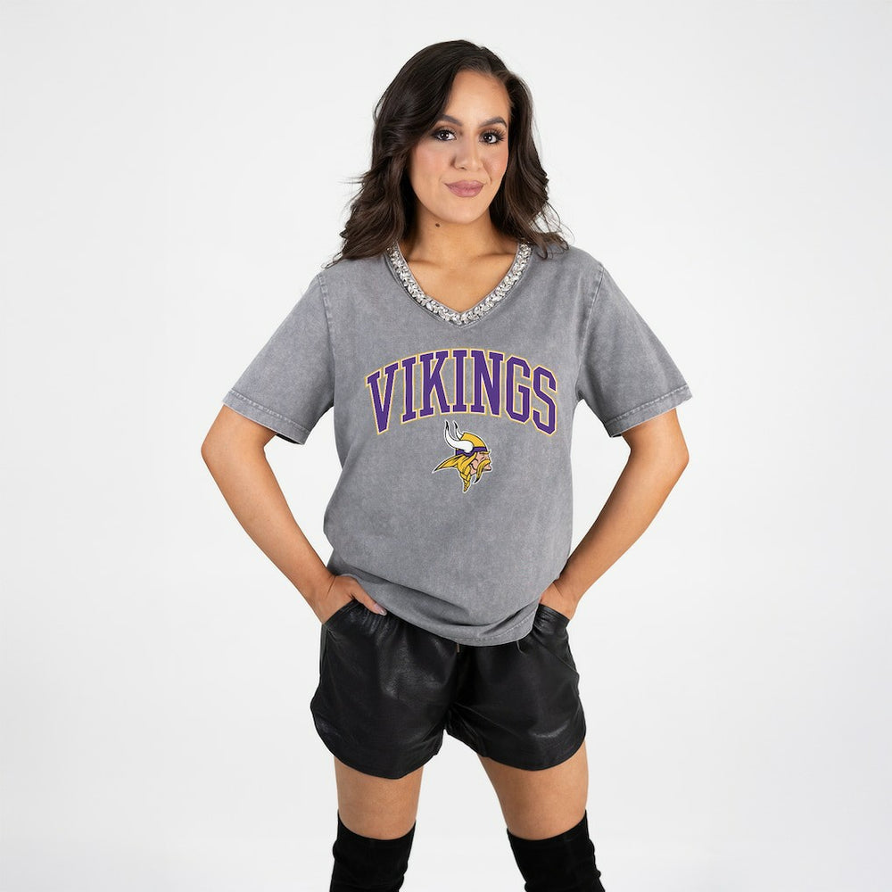 Minnesota Vikings Gameday Couture Women's Relaxed Iconic Edge Rhinestone V-Neck T-Shirt - Gray on sale