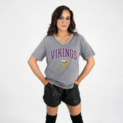 Minnesota Vikings Gameday Couture Women's Relaxed Iconic Edge Rhinestone V-Neck T-Shirt - Gray on sale