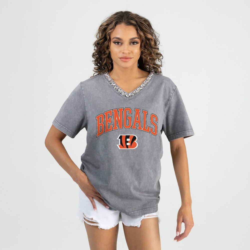Cincinnati Bengals Gameday Couture Women's Relaxed Iconic Edge Rhinestone V-Neck T-Shirt - Gray on sale
