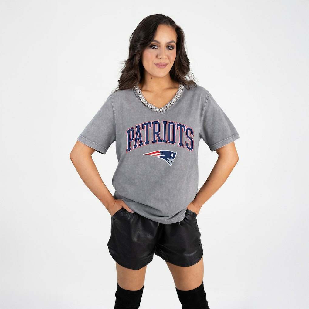New England Patriots Gameday Couture Women's Relaxed Iconic Edge Rhinestone V-Neck T-Shirt - Gray cheap