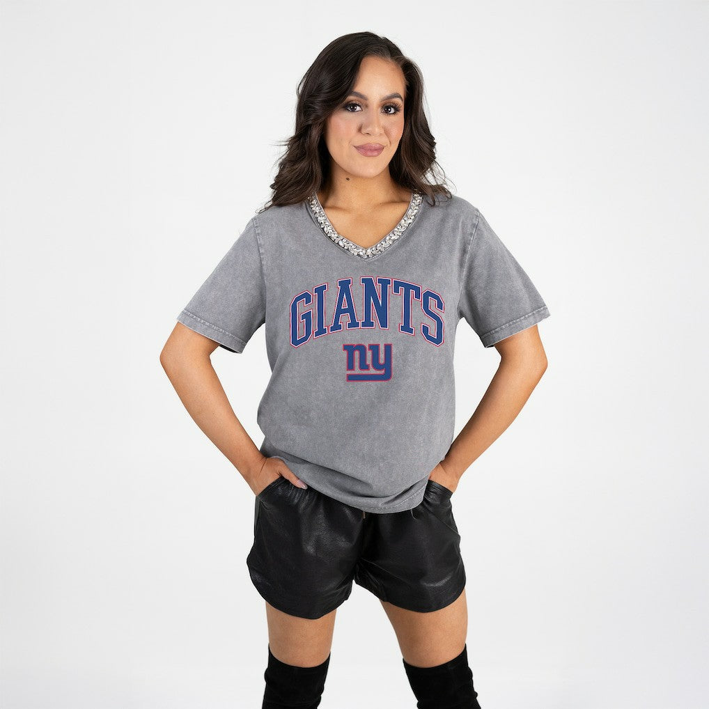 New York Giants Gameday Couture Women's Relaxed Iconic Edge Rhinestone V-Neck T-Shirt - Gray cheap