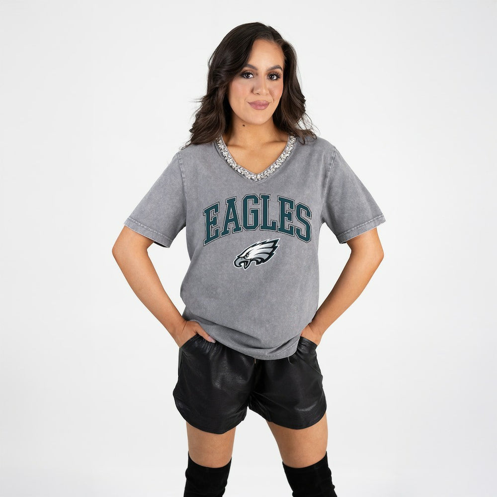 Philadelphia Eagles Gameday Couture Women's Relaxed Iconic Edge Rhinestone V-Neck T-Shirt - Gray sale
