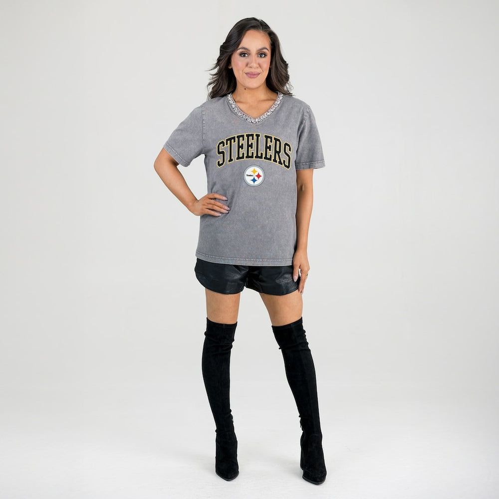 Pittsburgh Steelers Gameday Couture Women's Relaxed Iconic Edge Rhinestone V-Neck T-Shirt - Gray discount