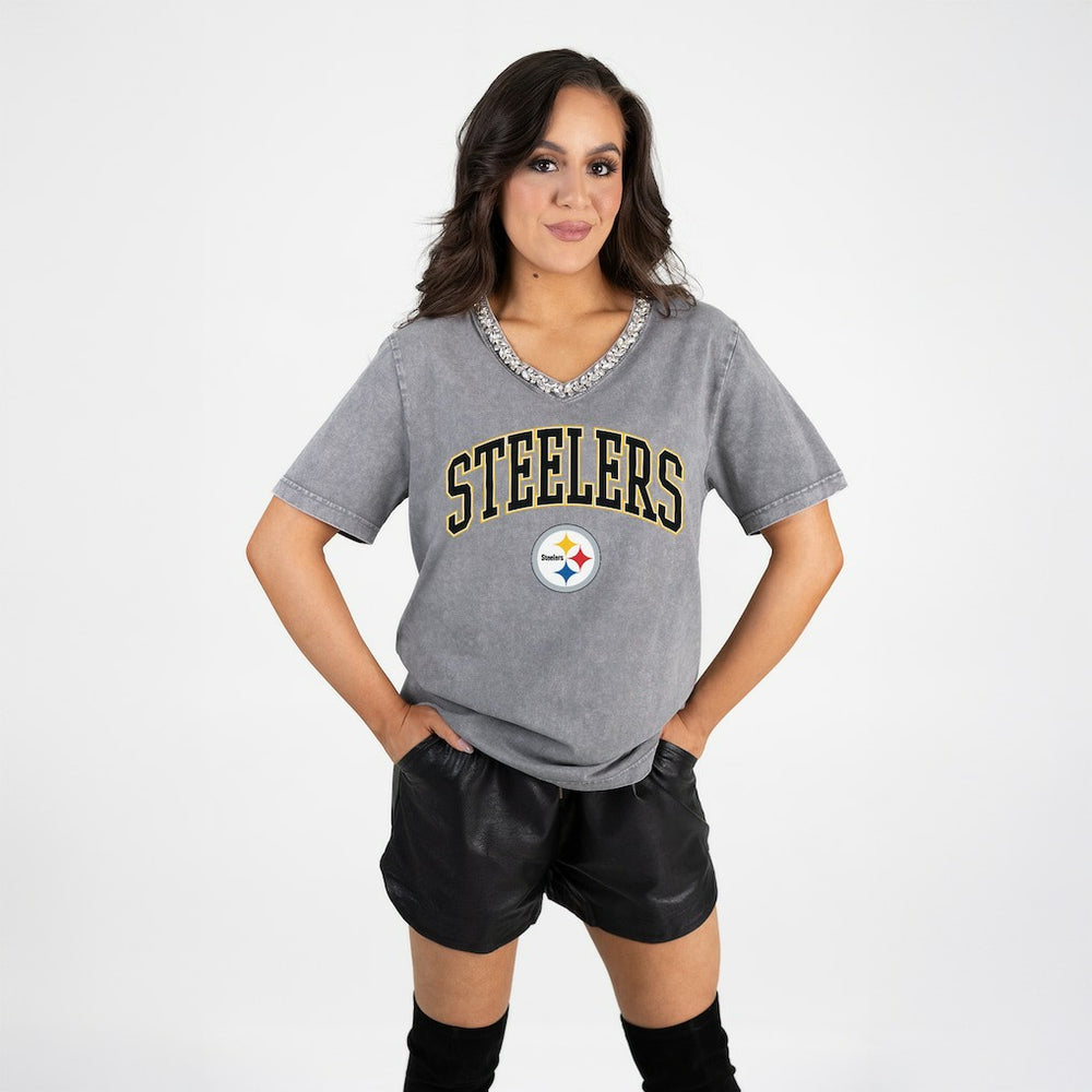Pittsburgh Steelers Gameday Couture Women's Relaxed Iconic Edge Rhinestone V-Neck T-Shirt - Gray discount