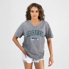 Seattle Seahawks Gameday Couture Women's Relaxed Iconic Edge Rhinestone V-Neck T-Shirt - Gray for sale