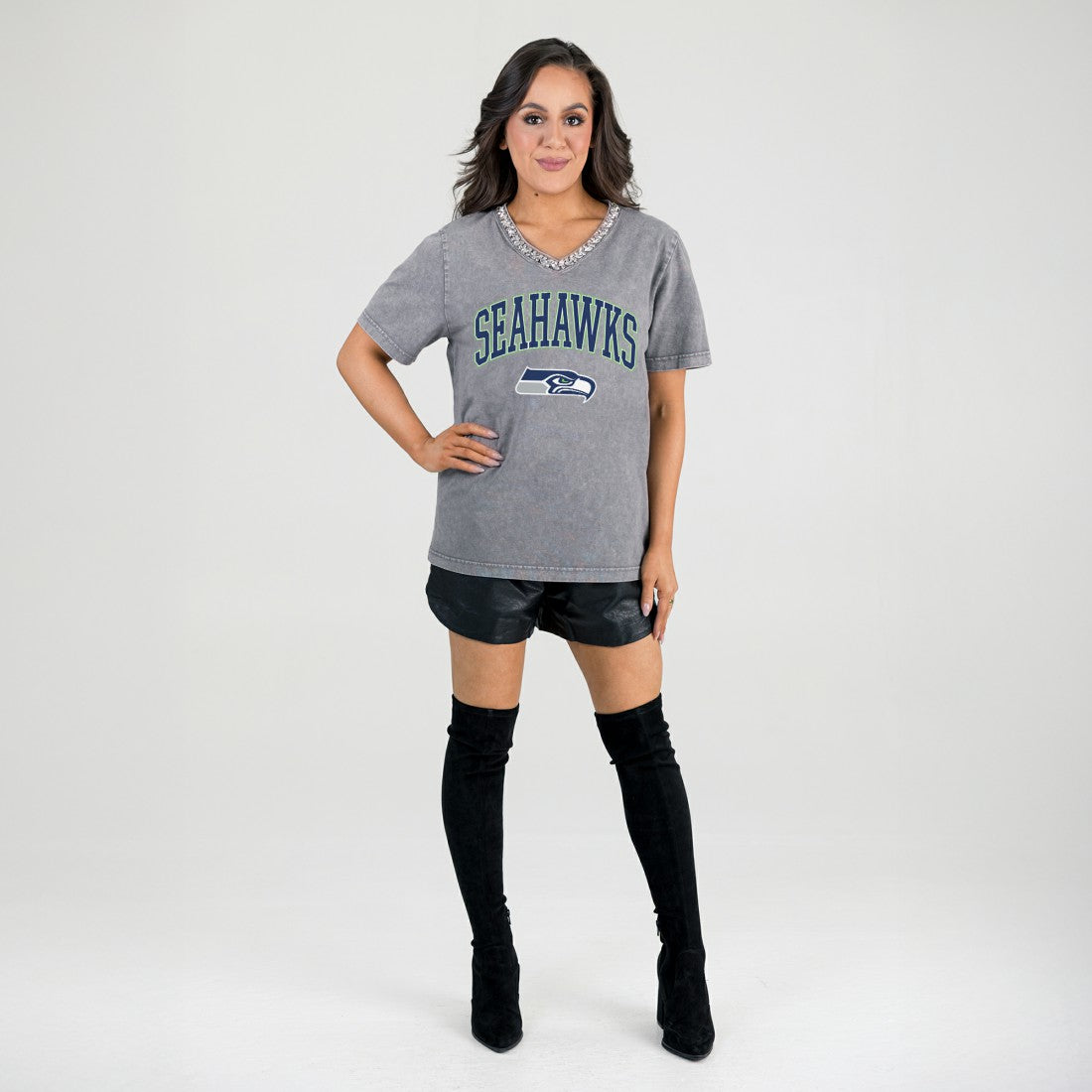 Seattle Seahawks Gameday Couture Women's Relaxed Iconic Edge Rhinestone V-Neck T-Shirt - Gray for sale