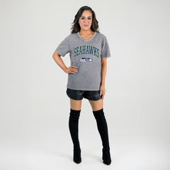 Seattle Seahawks Gameday Couture Women's Relaxed Iconic Edge Rhinestone V-Neck T-Shirt - Gray for sale