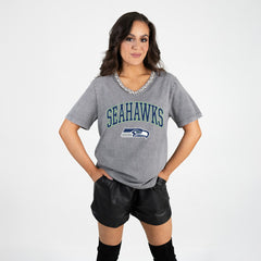 Seattle Seahawks Gameday Couture Women's Relaxed Iconic Edge Rhinestone V-Neck T-Shirt - Gray for sale