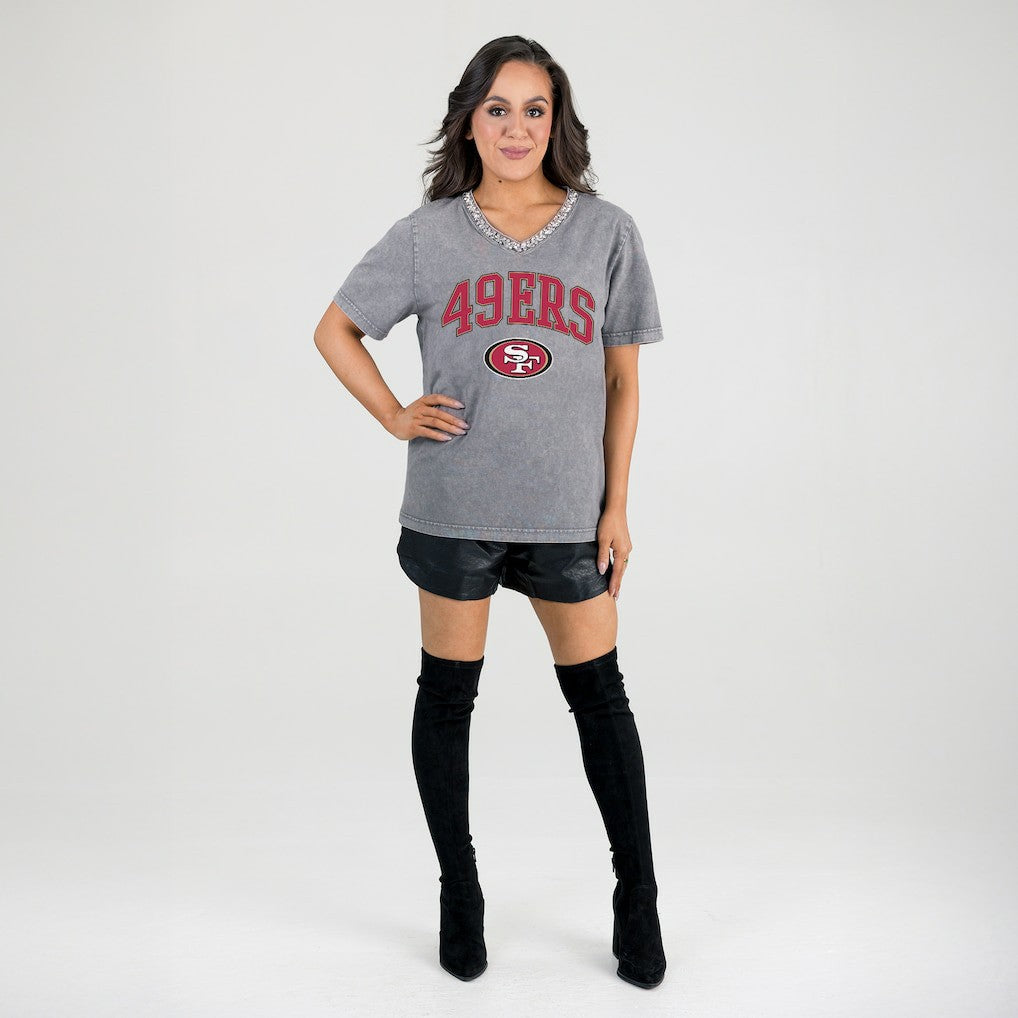 San Francisco 49ers Gameday Couture Women's Relaxed Iconic Edge Rhinestone V-Neck T-Shirt - Gray online