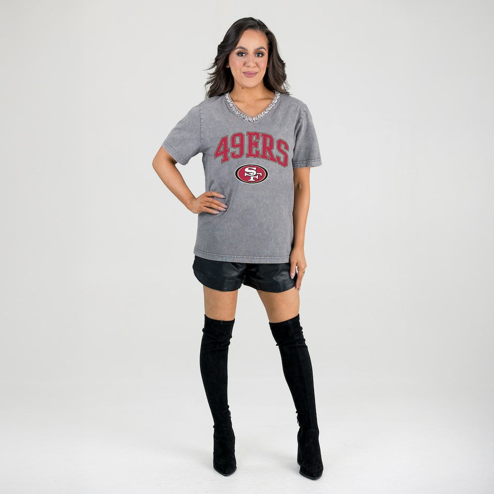 San Francisco 49ers Gameday Couture Women's Relaxed Iconic Edge Rhinestone V-Neck T-Shirt - Gray online