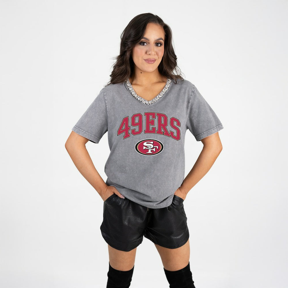 San Francisco 49ers Gameday Couture Women's Relaxed Iconic Edge Rhinestone V-Neck T-Shirt - Gray online