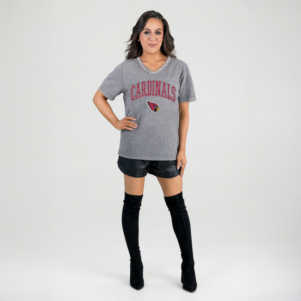 Arizona Cardinals Gameday Couture Women's Relaxed Iconic Edge Rhinestone V-Neck T-Shirt - Gray discount