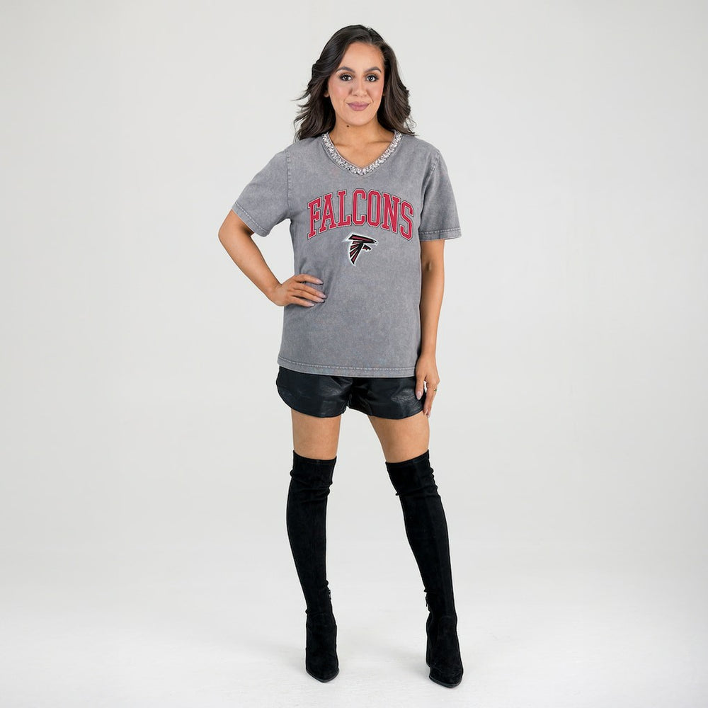 Atlanta Falcons Gameday Couture Women's Relaxed Iconic Edge Rhinestone V-Neck T-Shirt - Gray cheap