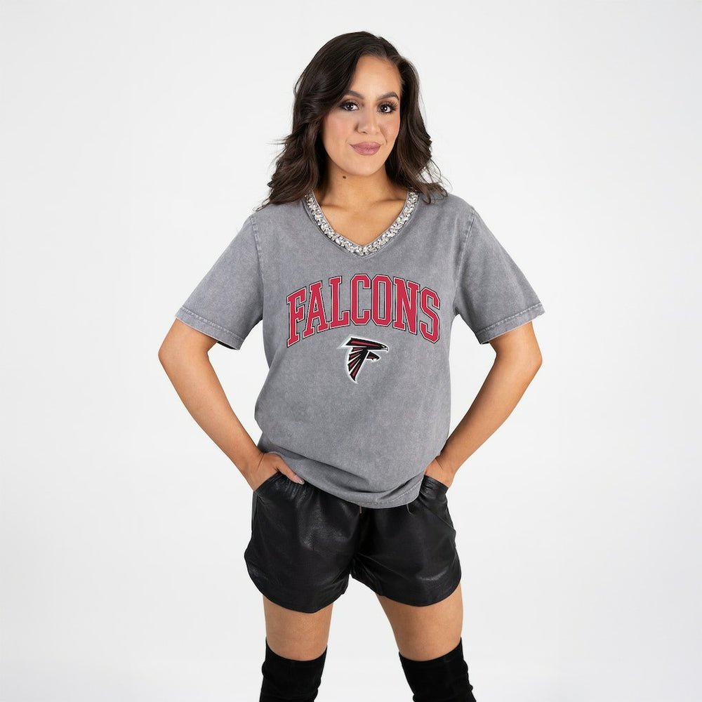 Atlanta Falcons Gameday Couture Women's Relaxed Iconic Edge Rhinestone V-Neck T-Shirt - Gray cheap