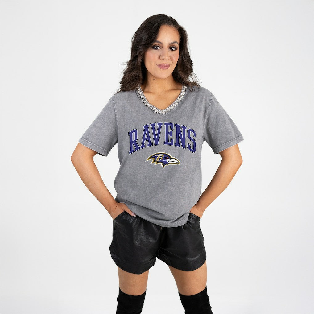 Baltimore Ravens Gameday Couture Women's Relaxed Iconic Edge Rhinestone V-Neck T-Shirt - Gray cheap