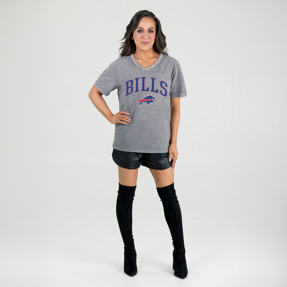 Buffalo Bills Gameday Couture Women's Relaxed Iconic Edge Rhinestone V-Neck T-Shirt - Gray sale