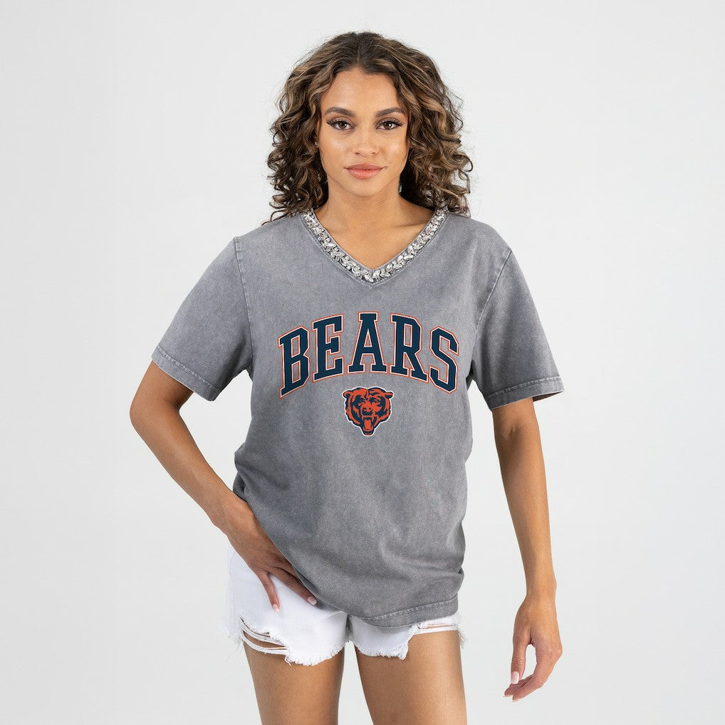 Chicago Bears Gameday Couture Women's Relaxed Iconic Edge Rhinestone V-Neck T-Shirt - Gray cheap