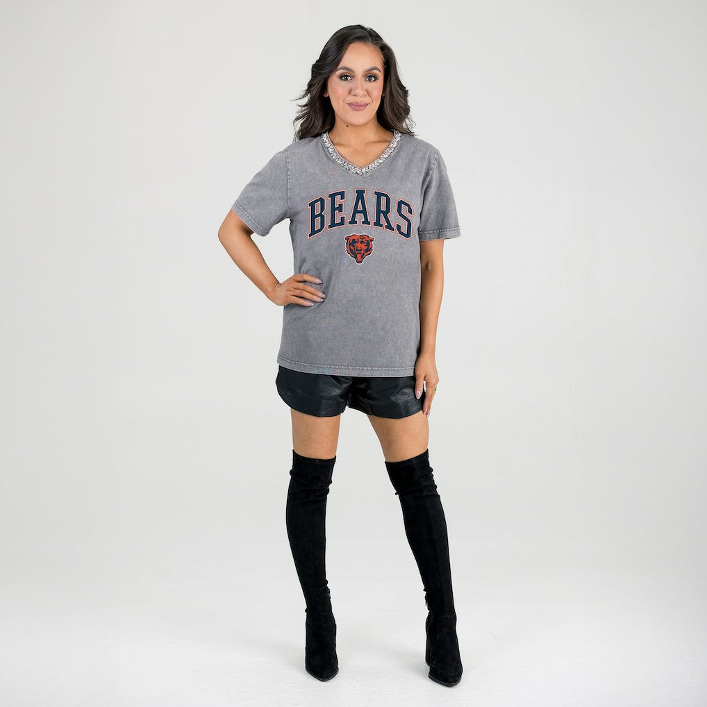 Chicago Bears Gameday Couture Women's Relaxed Iconic Edge Rhinestone V-Neck T-Shirt - Gray cheap