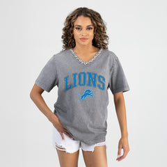 Detroit Lions Gameday Couture Women's Relaxed Iconic Edge Rhinestone V-Neck T-Shirt - Gray cheap