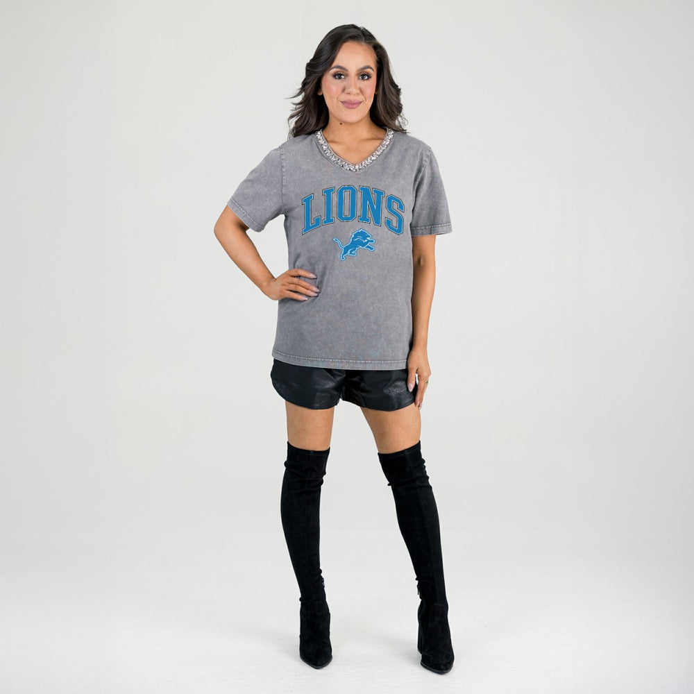Detroit Lions Gameday Couture Women's Relaxed Iconic Edge Rhinestone V-Neck T-Shirt - Gray cheap