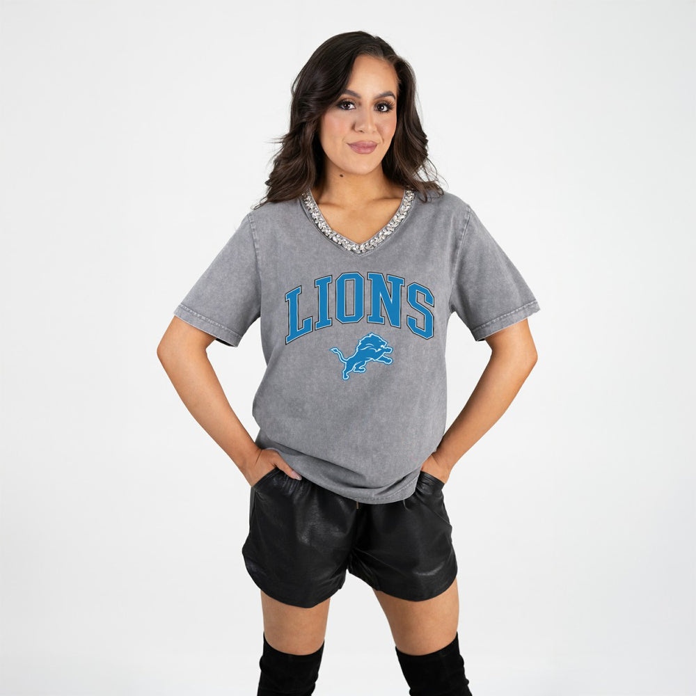 Detroit Lions Gameday Couture Women's Relaxed Iconic Edge Rhinestone V-Neck T-Shirt - Gray cheap