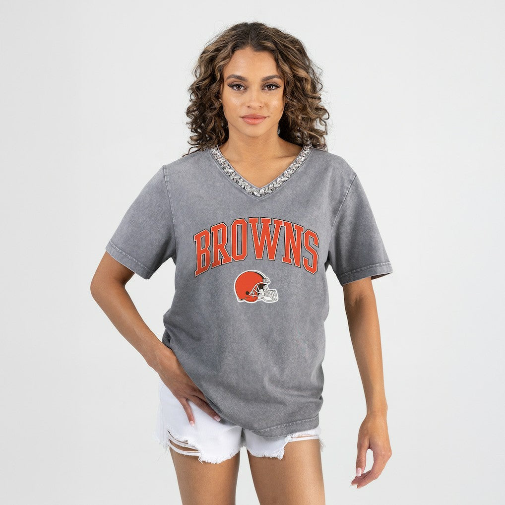 Cleveland Browns Gameday Couture Women's Relaxed Iconic Edge Rhinestone V-Neck T-Shirt - Gray online