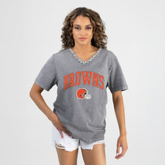 Cleveland Browns Gameday Couture Women's Relaxed Iconic Edge Rhinestone V-Neck T-Shirt - Gray online