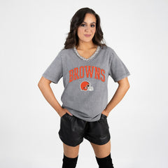 Cleveland Browns Gameday Couture Women's Relaxed Iconic Edge Rhinestone V-Neck T-Shirt - Gray online